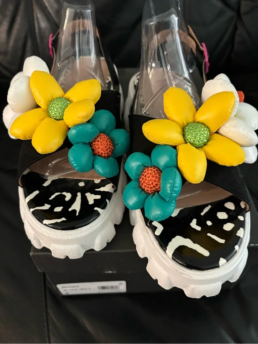 Betsey Johnson Black Floral Platform Sandals with Colorful Blooms